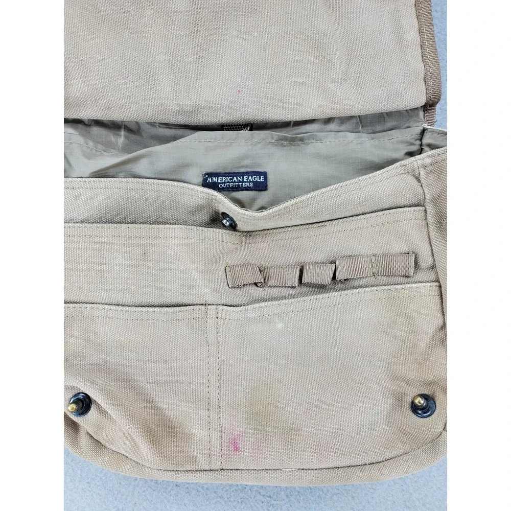 American Eagle Messenger Bag Khaki Canvas Military Utility Multi Pocket VTG Army